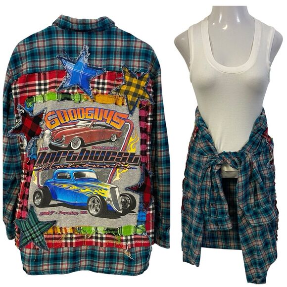 Upcycled Flannel Shirt Shacket Womens 3x Cars Mechanic Grunge Patchwork Folk Art - Picture 1 of 12